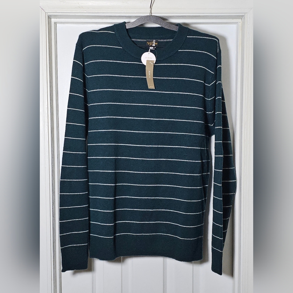 J.Crew Mens Midweight Cashmere Crewneck Sweater In Pack Green Ivory Stripe Large